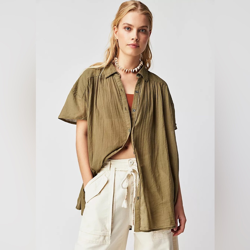 FREE PEOPLE Oversized Float Away Button Down Top NWT Olive Green